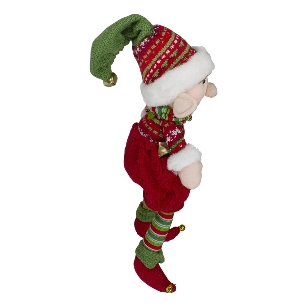 15" Red and Green Plush Jingle Bell Boy Elf Christmas Figure. Picture 5