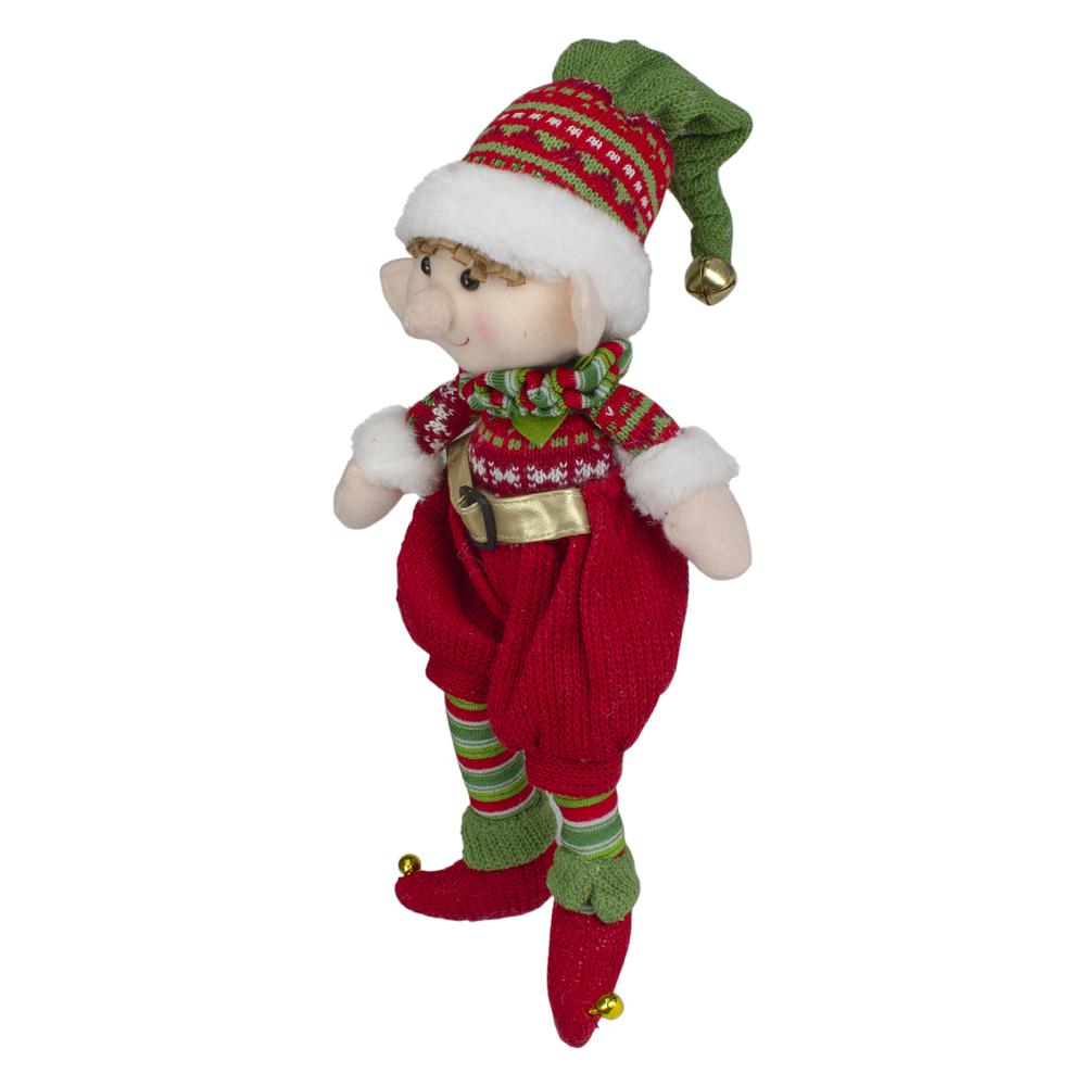 15" Red and Green Plush Jingle Bell Boy Elf Christmas Figure. Picture 4