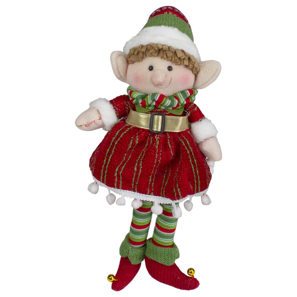 14" Red and Green Plush Jingle Bell Girl Elf Christmas Figure. Picture 1