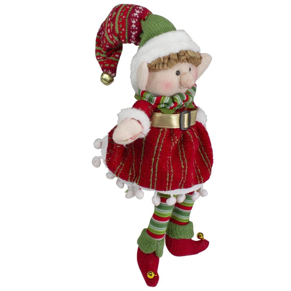 14" Red and Green Plush Jingle Bell Girl Elf Christmas Figure. Picture 3