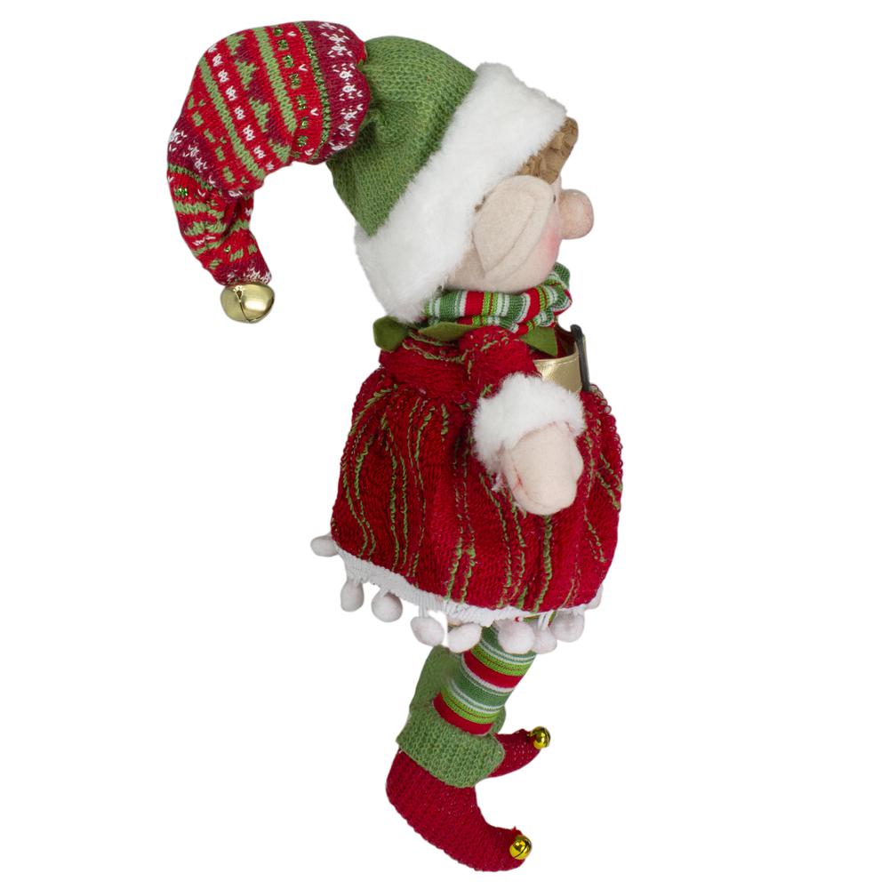 14" Red and Green Plush Jingle Bell Girl Elf Christmas Figure. Picture 5