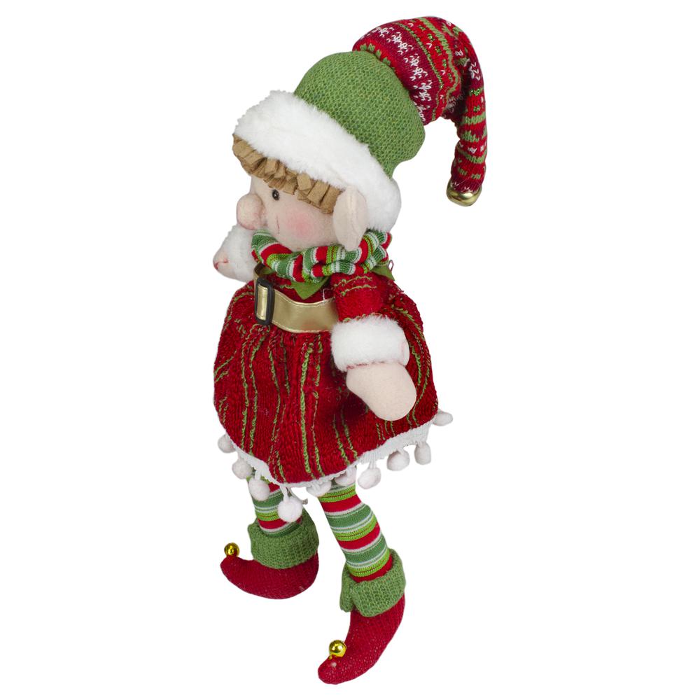 14" Red and Green Plush Jingle Bell Girl Elf Christmas Figure. Picture 4