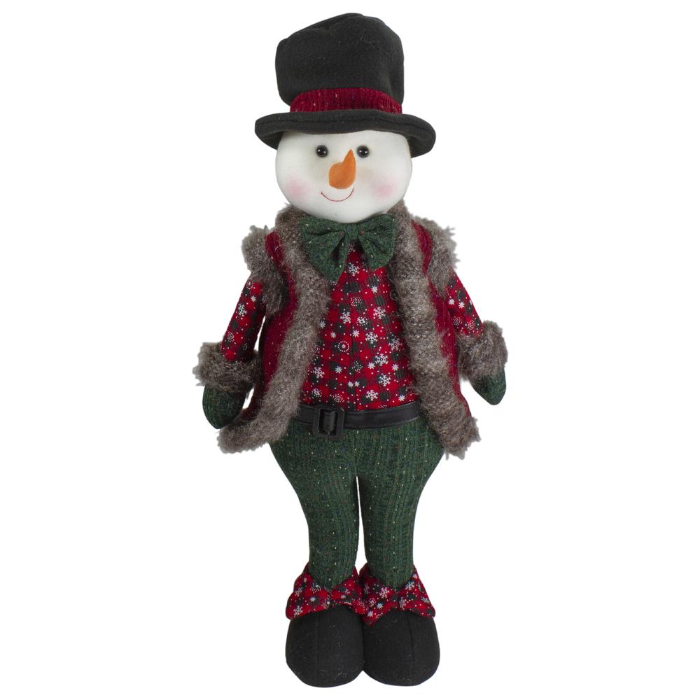25" Red and Green Jolly Plush Boy Snowman Christmas Figure. Picture 1