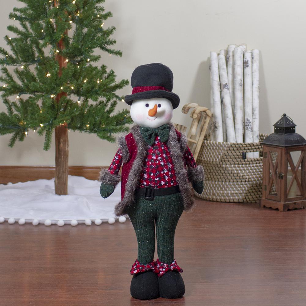 25" Red and Green Jolly Plush Boy Snowman Christmas Figure. Picture 2