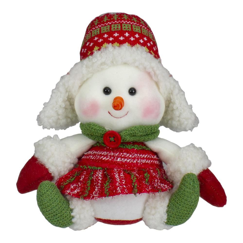 8" Red and Green Sitting Snowman Girl Christmas Figure. The main picture.