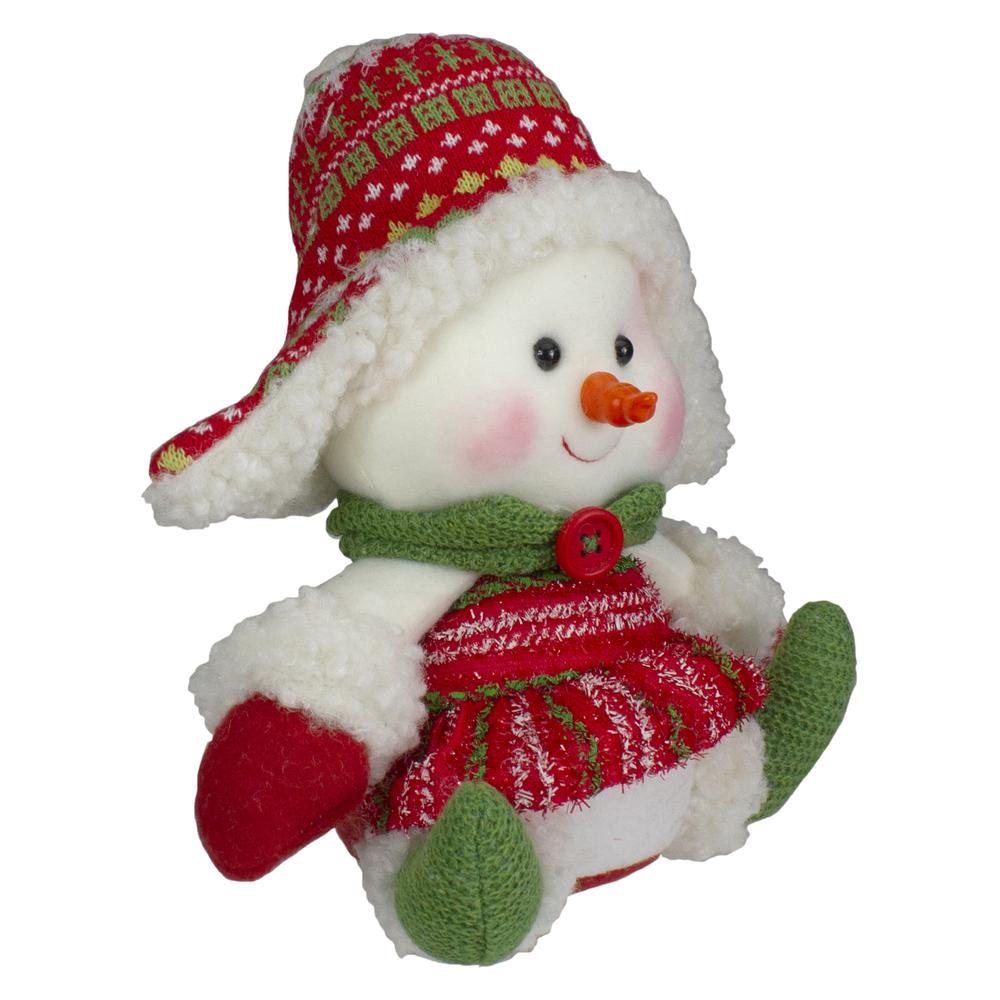 8" Red and Green Sitting Snowman Girl Christmas Figure. Picture 3