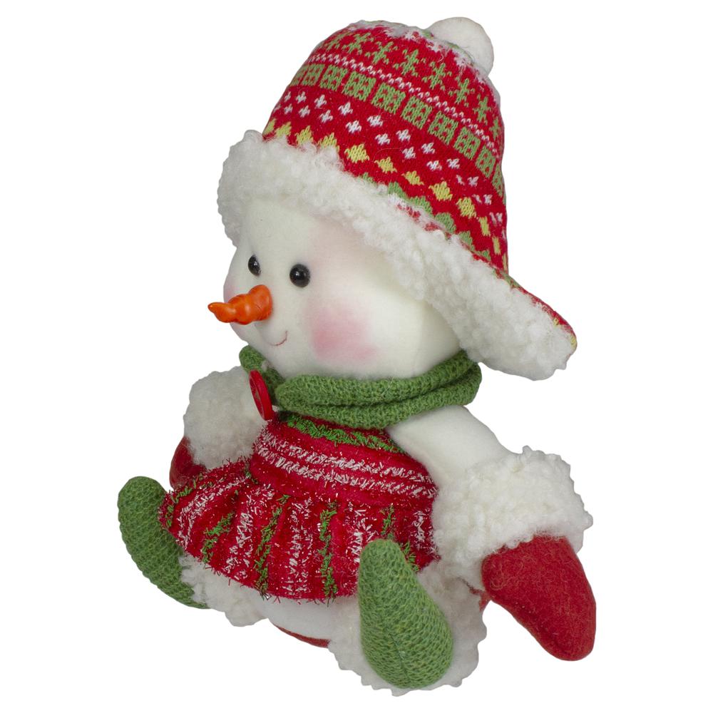 8" Red and Green Sitting Snowman Girl Christmas Figure. Picture 4