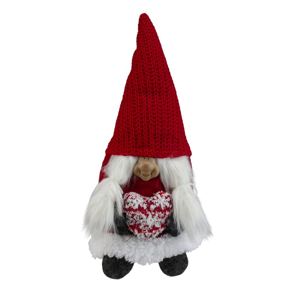 13.5" Red and Gray Smiling Woman Christmas Gnome Tabletop Figure. Picture 1