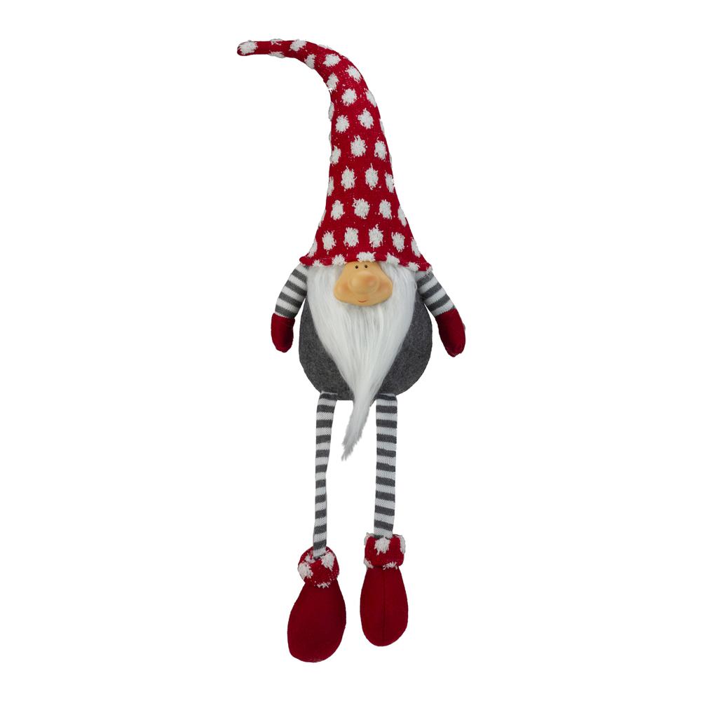 24" Gray and Red Hanging Leg with Polka-Dot Snow Cap Smiling Gnome. Picture 1