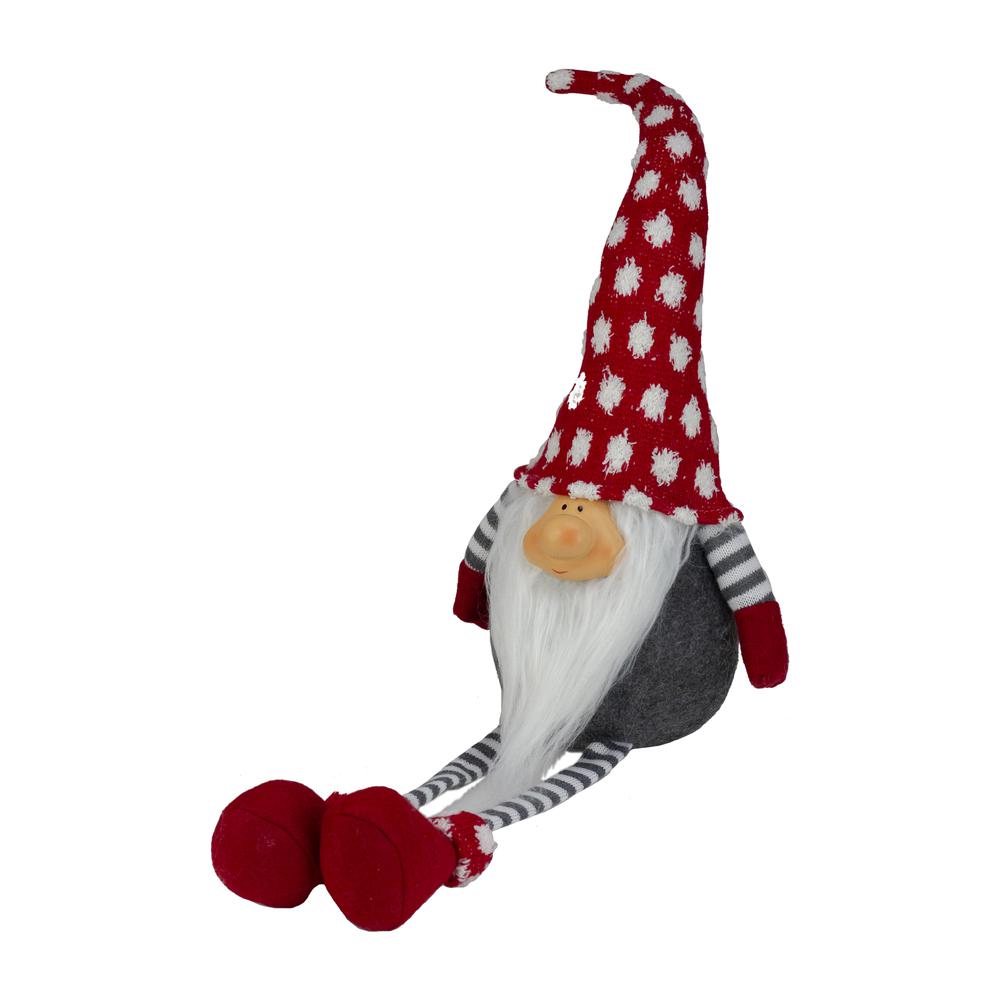 24" Gray and Red Hanging Leg with Polka-Dot Snow Cap Smiling Gnome. Picture 3