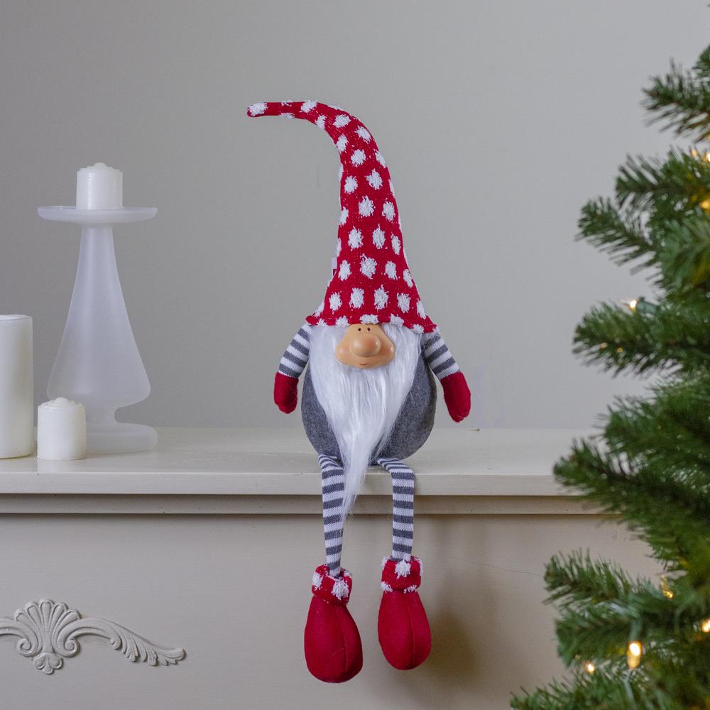 24" Gray and Red Hanging Leg with Polka-Dot Snow Cap Smiling Gnome. Picture 2