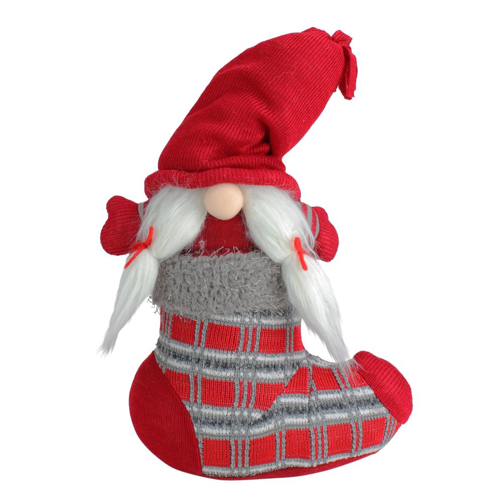 14.5" Red and Gray "Isolde" Gnome in Christmas Stocking Tabletop Decoration. Picture 1