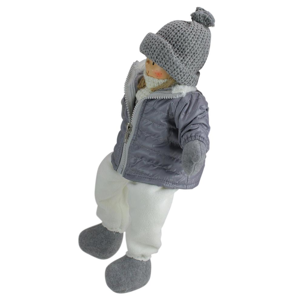 16" Gray and White Cheerful Sitting Girl Christmas Tabletop Decoration. Picture 2