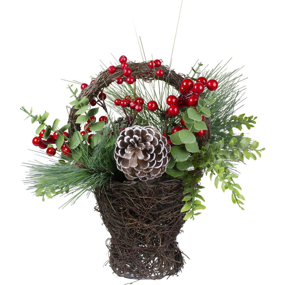 15" Eucalyptus Pine and Berry Artificial Christmas Grapevine Basket. Picture 1