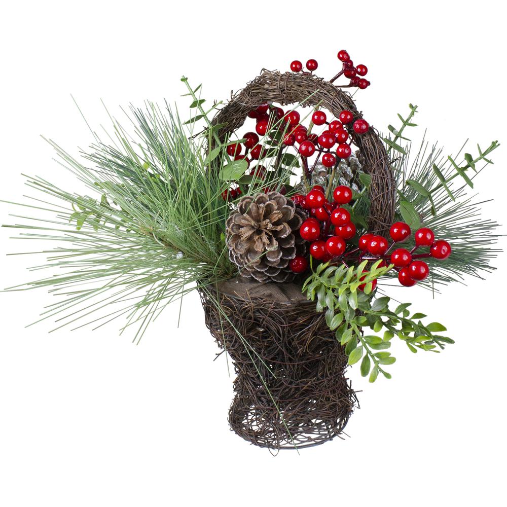 15" Eucalyptus Pine and Berry Artificial Christmas Grapevine Basket. Picture 3
