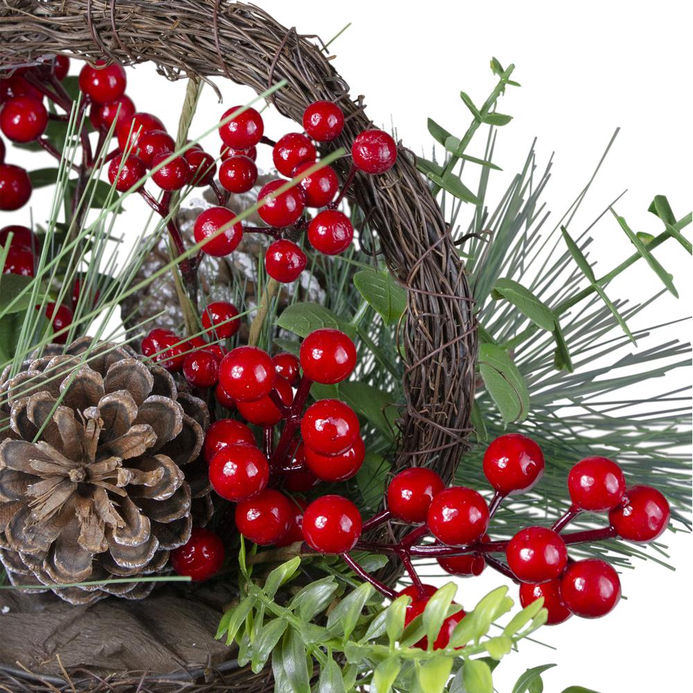 15" Eucalyptus Pine and Berry Artificial Christmas Grapevine Basket. Picture 2