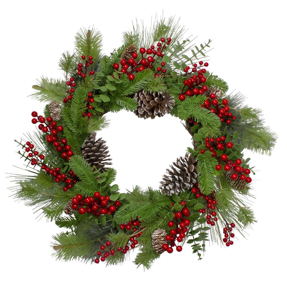 Holly Berries and Snowy Pinecones Artificial Christmas Wreath - 24-Inch  Unlit. Picture 1