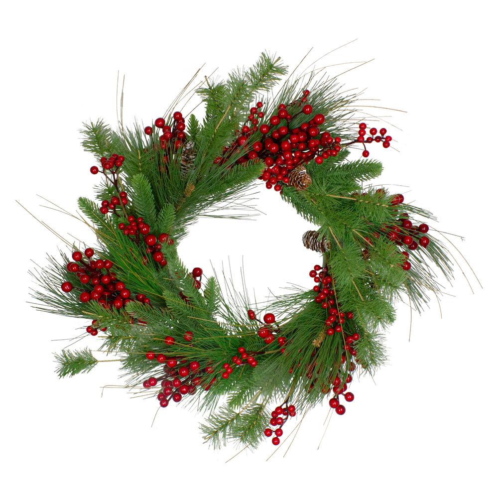 24-Inch Mixed Pine and Red Berry Artificial Christmas Wreath - Unlit. Picture 1
