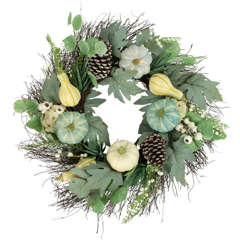 Green and White Pumpkins with Berries Artificial Fall Harvest Wreath  22-Inch  Unlit. Picture 1