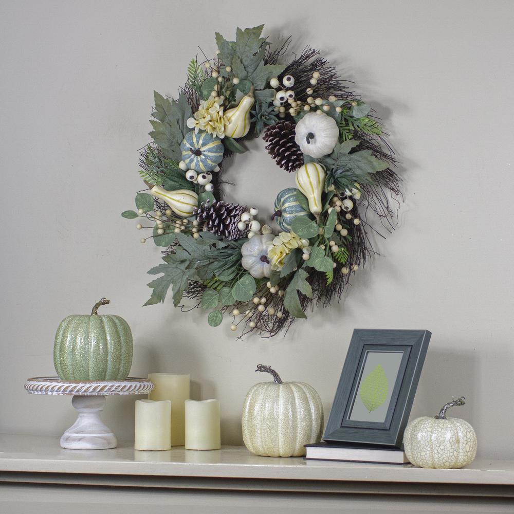 Green and White Pumpkins with Berries Artificial Fall Harvest Wreath  22-Inch  Unlit. Picture 2