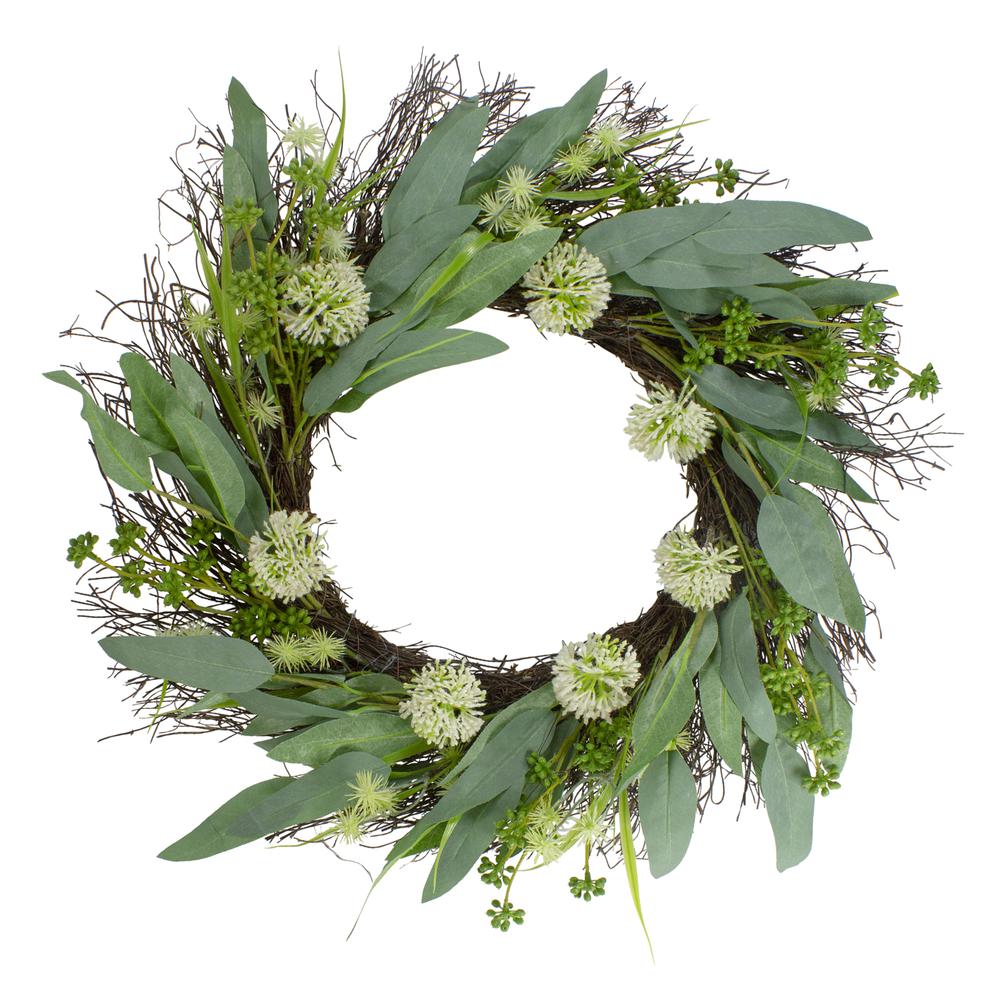 Olive Leaf and Floral Twig Spring Wreath, Green and White 23". Picture 1