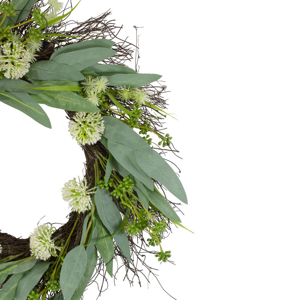 Olive Leaf and Floral Twig Spring Wreath, Green and White 23". Picture 3