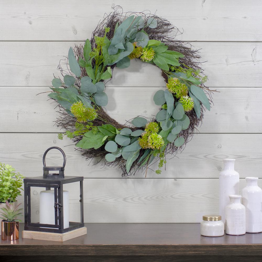 Olive Leaf and Floral Twig Spring Wreath, Green and White 23". Picture 2