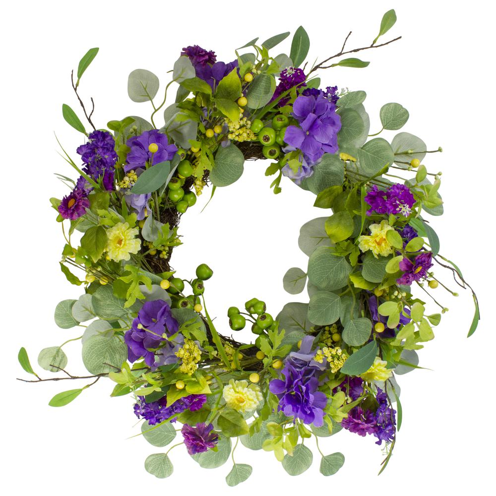 Eucalyptus and Hydrangea Floral Berry Spring Wreath, Purple and Yellow 23". Picture 1