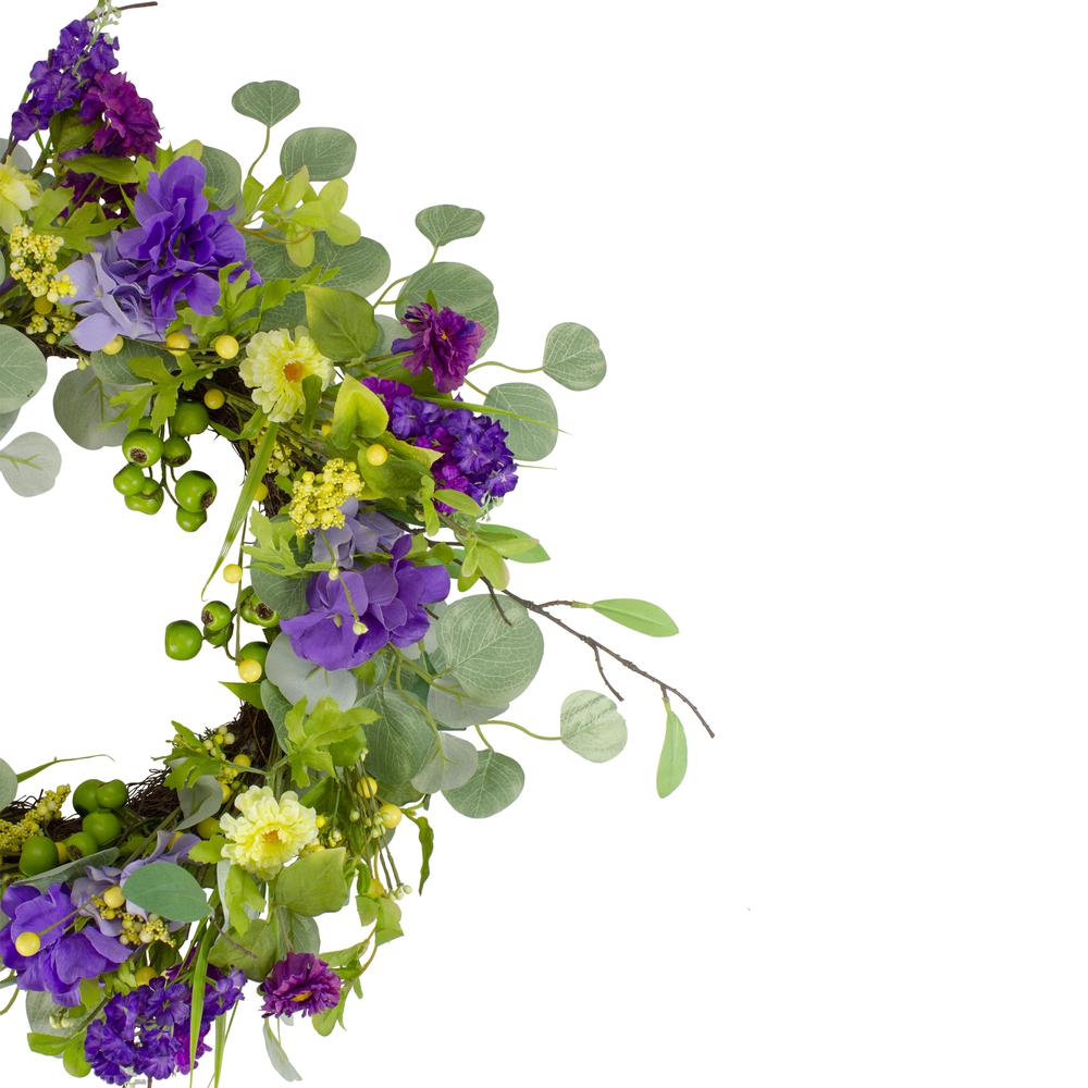 Eucalyptus and Hydrangea Floral Berry Spring Wreath, Purple and Yellow 23". Picture 3
