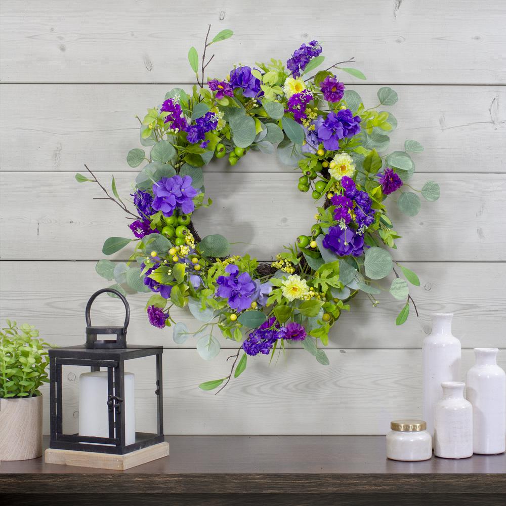 Eucalyptus and Hydrangea Floral Berry Spring Wreath, Purple and Yellow 23". Picture 2