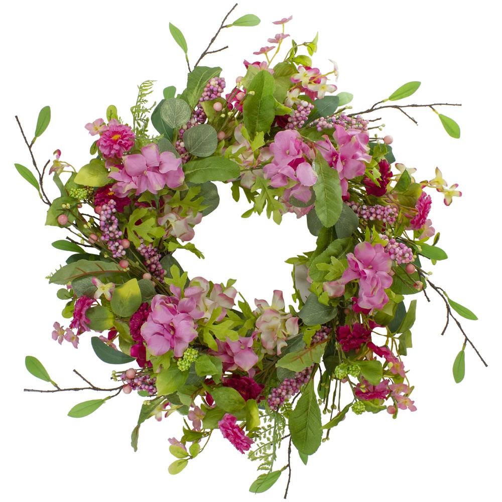 Chrysanthemum and Hydrangea Floral Spring Wreath  Pink 23". Picture 1