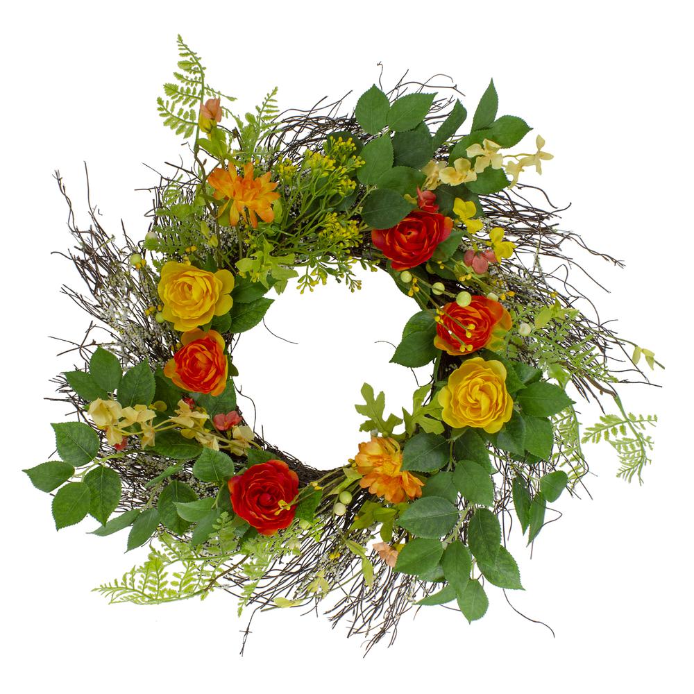 Ranunculus and Rose Floral Spring Wreath, Orange and Yellow 20". Picture 1