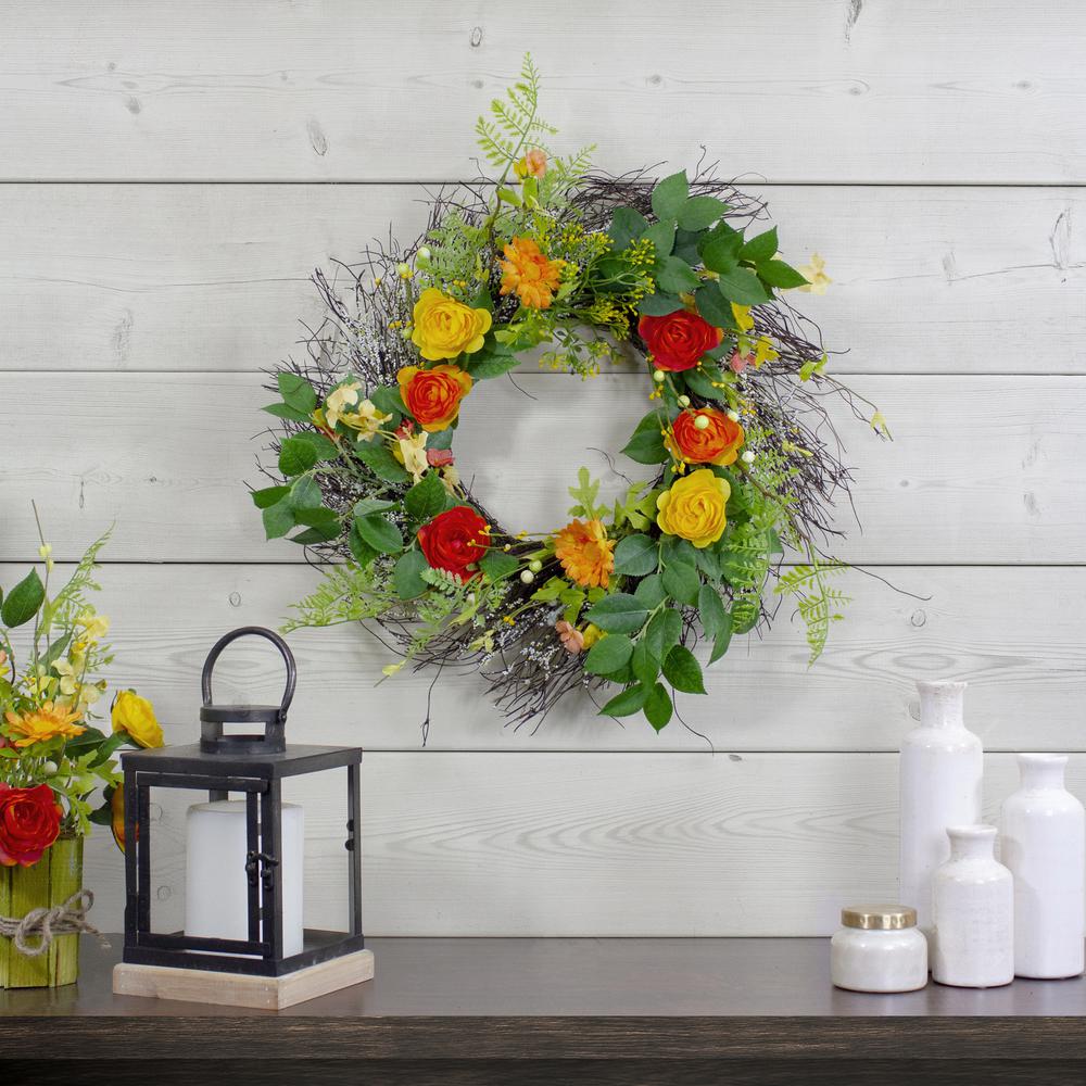 Ranunculus and Rose Floral Spring Wreath, Orange and Yellow 20". Picture 2