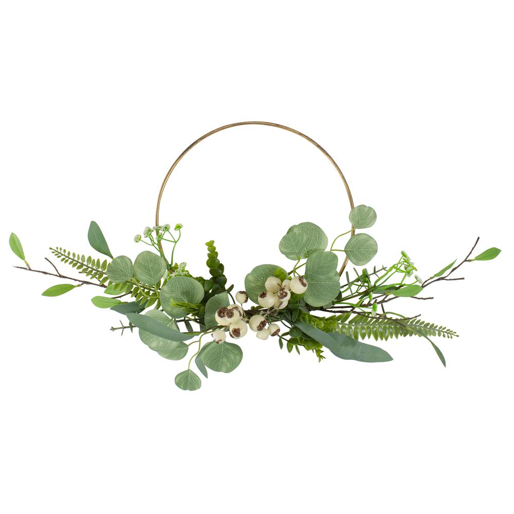 Eucalyptus Leaf and Fern Golden Ring Wreath Spring Decor  Green and Gold 30". Picture 1