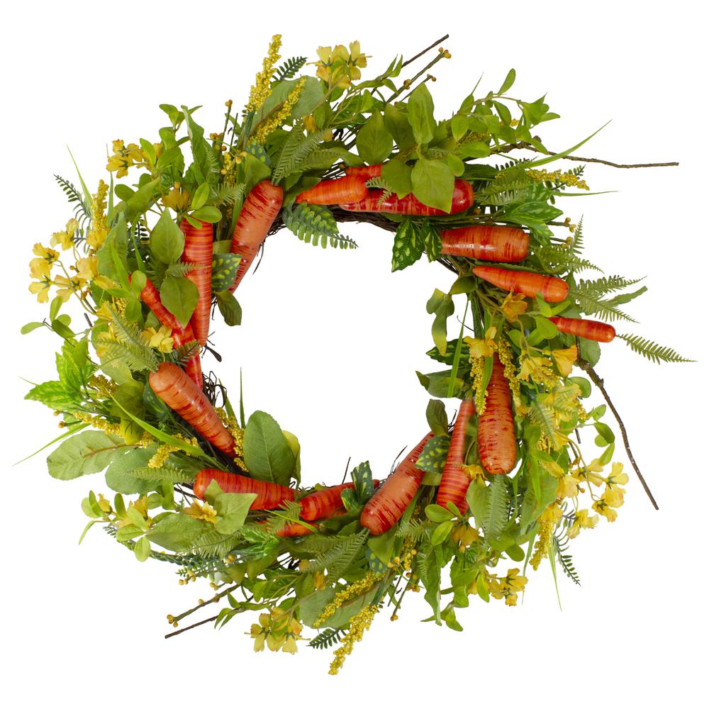 Carrot and Berry Foliage Easter Floral Spring Wreath, Orange and Yellow 22". Picture 1