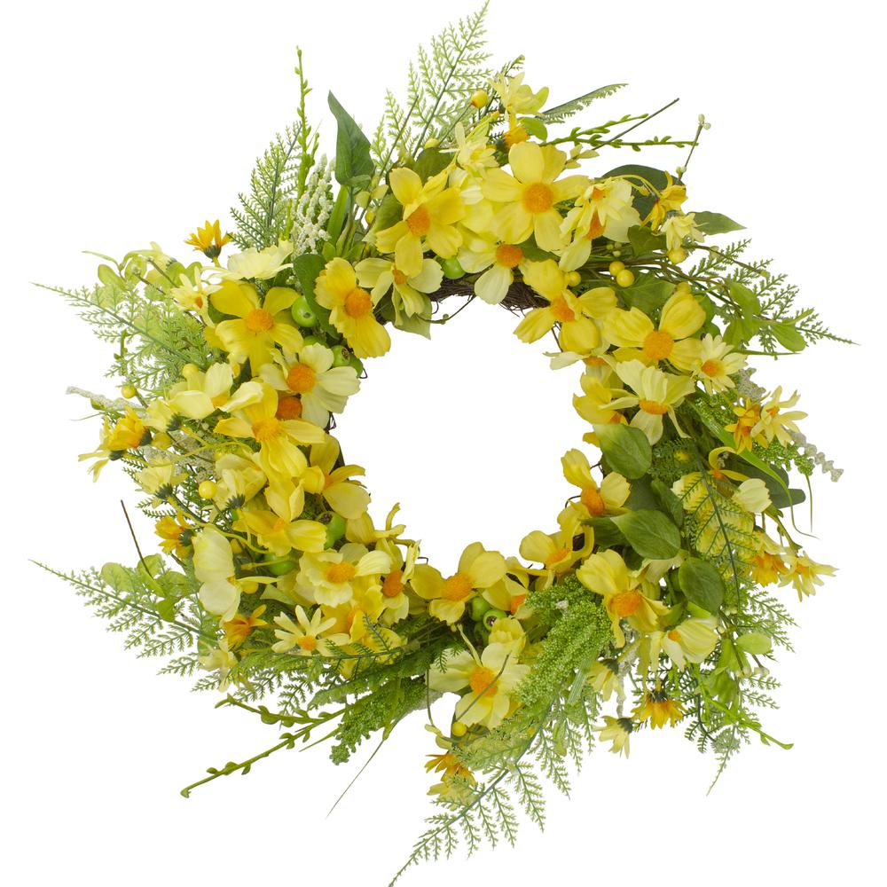 Daisy and Berry Floral Spring Wreath, Yellow and Green 23". Picture 1