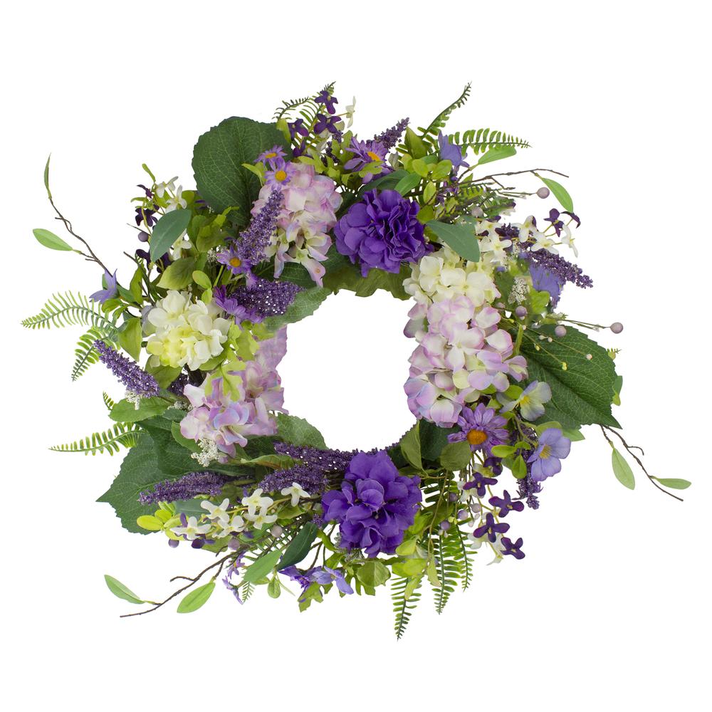 Hydrangea and Foliage Spring Floral Twig Wreath, Purple 26". Picture 1