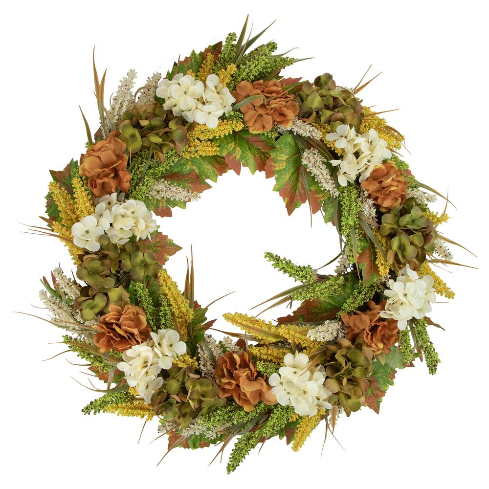White and Orange Hydrangea Artificial Fall Harvest Twig Wreath  28-Inch  Unlit. Picture 1