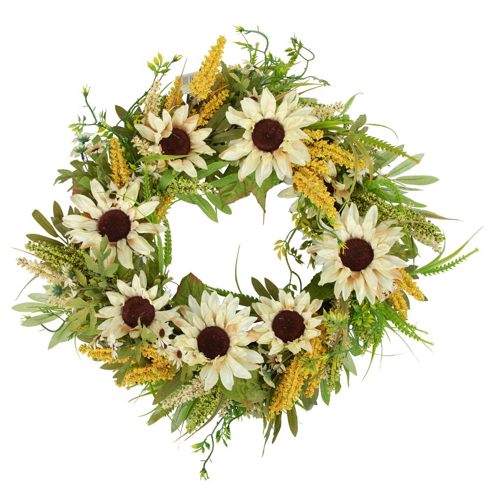 24" Beige Sunflowers Artificial Fall Harvest Wreath. Picture 1