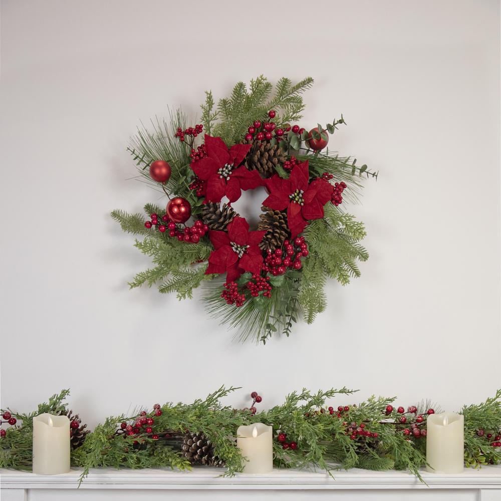 Artificial Red Berry and Poinsettia Christmas Wreath  22-Inch  Unlit. Picture 2