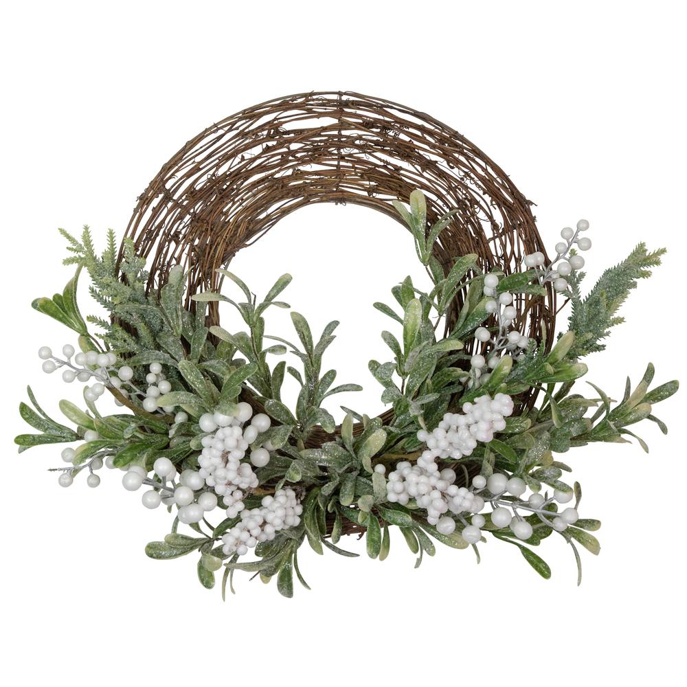 Artificial Christmas Twig Wreath with Frosted Foliage and Berries 24-Inch Unlit. Picture 1