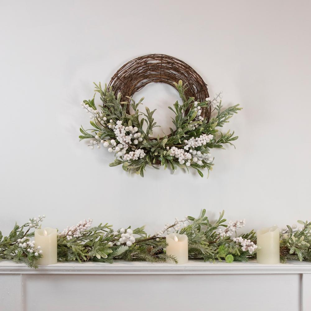 Artificial Christmas Twig Wreath with Frosted Foliage and Berries 24-Inch Unlit. Picture 2