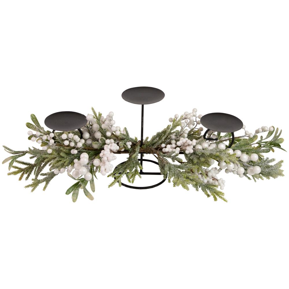 26" Triple Candle Holder with Frosted Foliage and Berries Christmas Decor. Picture 2