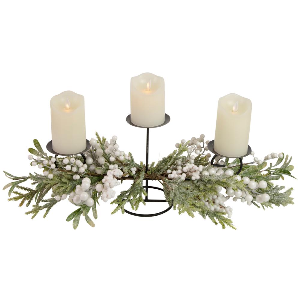 26" Triple Candle Holder with Frosted Foliage and Berries Christmas Decor. Picture 1