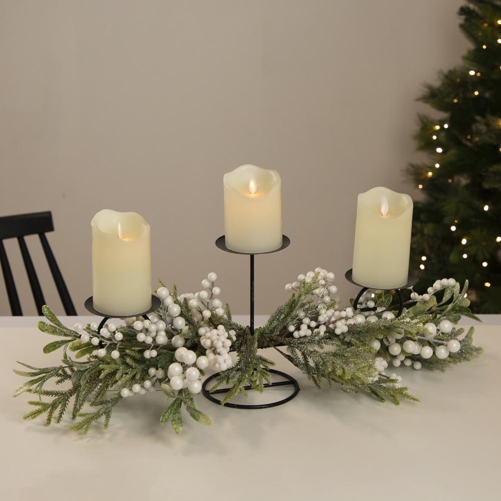 26" Triple Candle Holder with Frosted Foliage and Berries Christmas Decor. Picture 3