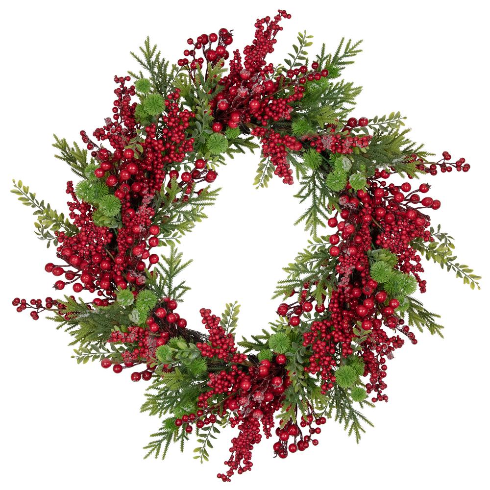 Artificial Frosted Red Berry and Pine Christmas Wreath  28-Inch  Unlit. Picture 1