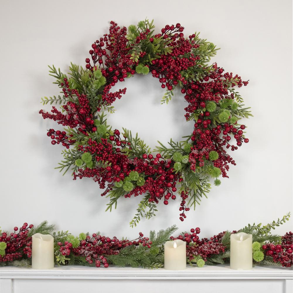 Artificial Frosted Red Berry and Pine Christmas Wreath  28-Inch  Unlit. Picture 2
