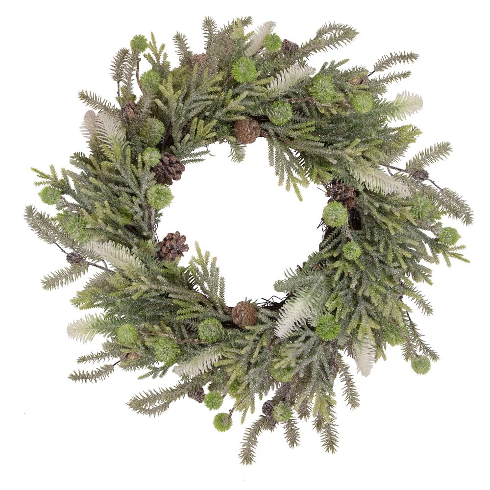 Artificial Christmas Wreath with Frosted Foliage and Pine Cones  24-Inch  Unlit. Picture 1