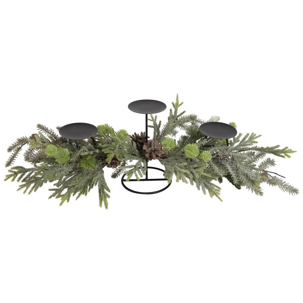 26" Triple Candle Holder with Frosted Foliage and Pine Cones Christmas Decor. Picture 2