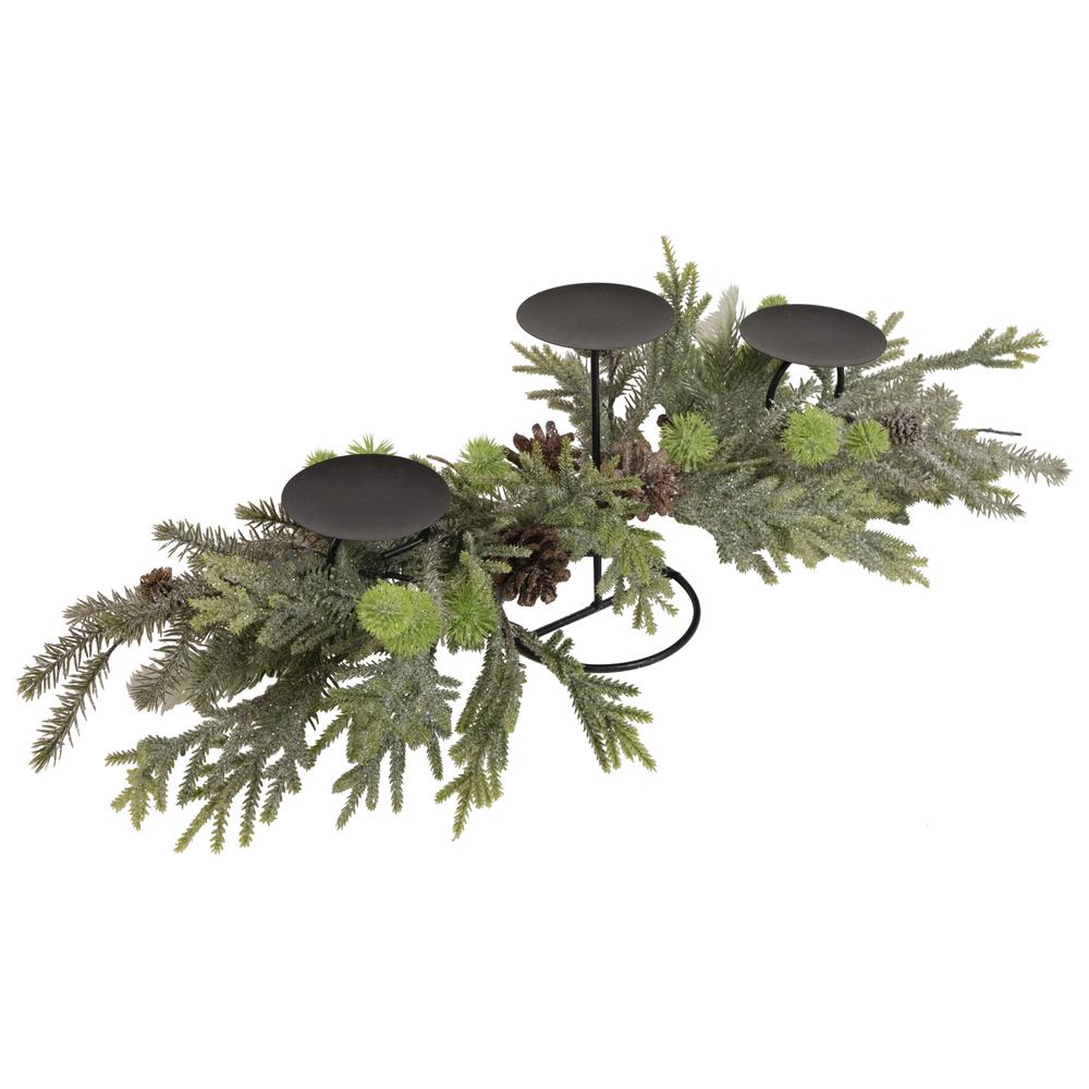 26" Triple Candle Holder with Frosted Foliage and Pine Cones Christmas Decor. Picture 4